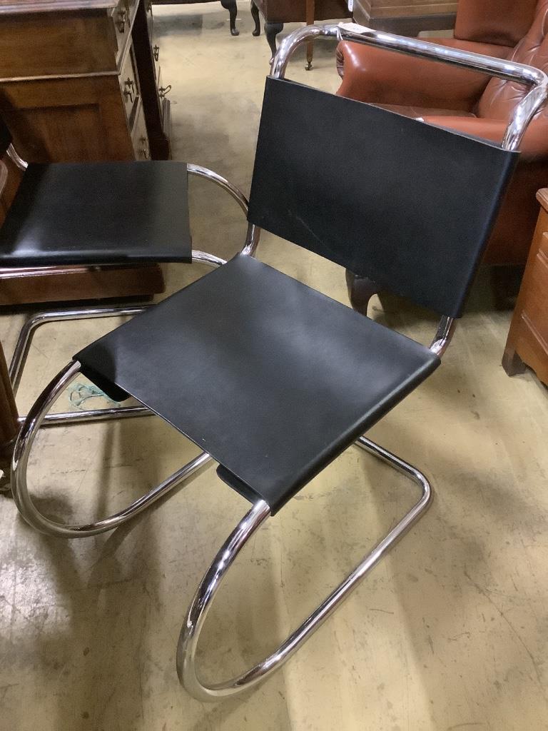 A set of six Mies Van De Rohe style chrome and black leather dining chairs, width 46cm, depth 66cm, height 83cm